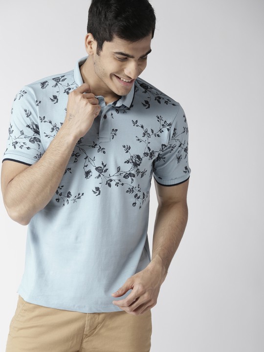 Men-Blue-Printed-Polo-Collar-T-shirt